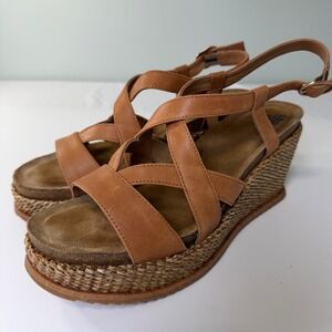Sofft Womens Devyn Tan Brown Leather Strappy Raffia Wedge Platform Sandals 9M